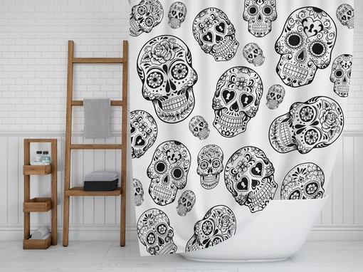 Black and White Sugar Skull Shower Curtain Set with Skull and Butterfly Bath Items for Gothic Bathroom Decor - Image 3