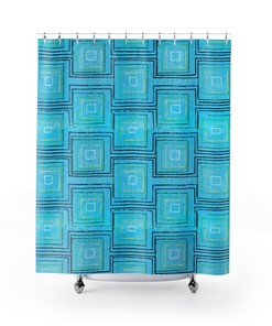 Block Print Retro Shower Curtain with Blue, Green, and Yellow