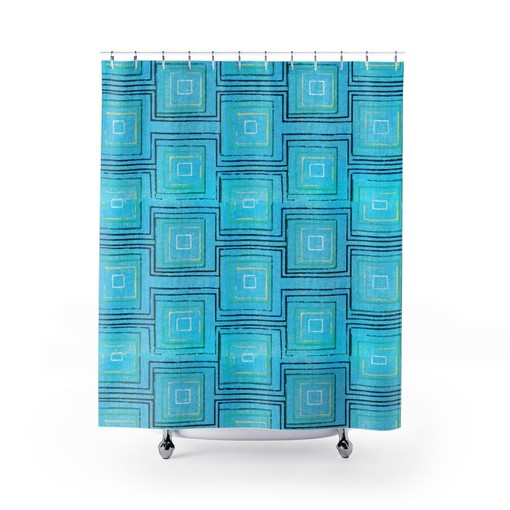 Block Print Retro Shower Curtain with Blue, Green, and Yellow