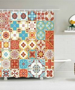 Bloemenmoza Tegel Fabric Boho Blue Mandala Geometric Shower Curtain