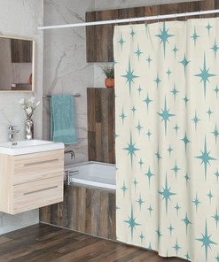 Blue Atomic Star Shower Curtain, Mid Century Modern Bathroom Decor