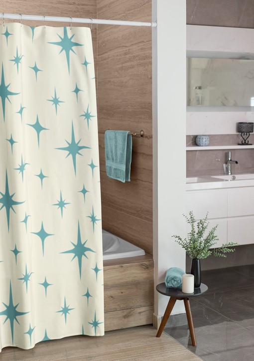 Blue Atomic Star Shower Curtain, Mid Century Modern Bathroom Decor - Image 2