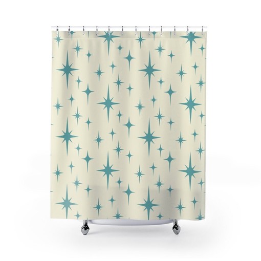 Blue Atomic Star Shower Curtain, Mid Century Modern Bathroom Decor - Image 3