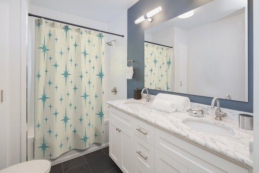 Blue Atomic Star Shower Curtain, Mid Century Modern Bathroom Decor - Image 4