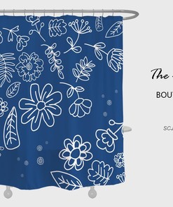 Blue Bohemian Flower and Leaves Shower Curtain with Customizable Sizes, Perfect for a Colorful Boho Style