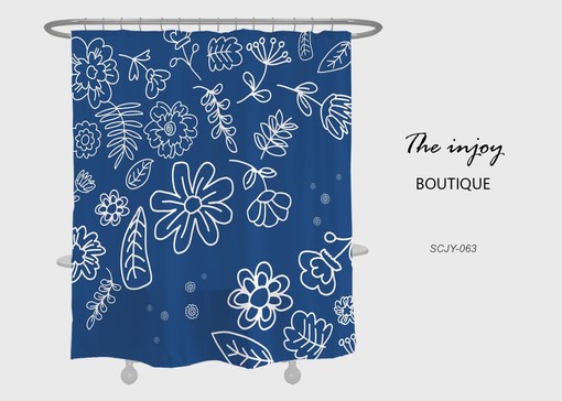 Blue Bohemian Flower and Leaves Shower Curtain with Customizable Sizes, Perfect for a Colorful Boho Style