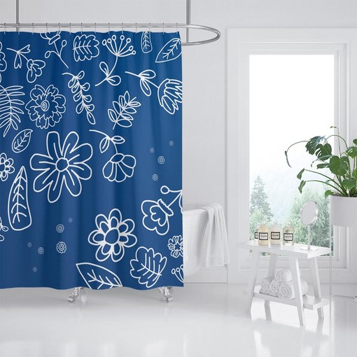 Blue Bohemian Flower and Leaves Shower Curtain with Customizable Sizes, Perfect for a Colorful Boho Style - Image 2