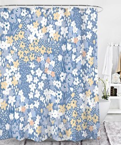 Blue Botanical Floral Shower Curtain, Customizable Size, Tropical Garden Print