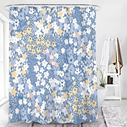 Blue Botanical Floral Shower Curtain, Customizable Size, Tropical Garden Print