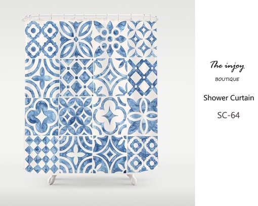 Blue Ceramic Tile Pattern Print Disney Shower Curtain, Waterproof Home Decor Curtain for Bathroom
