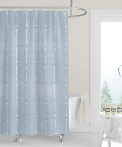 Blue Chambray Denim Shower Curtain with Minimalist White Arrows for Modern Western Bathroom