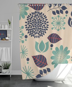 Blue Chrysanthemum Floral Shower Curtain | Summer Flowers Linen Bathroom Curtain Set | Vintage Print Bath Decor