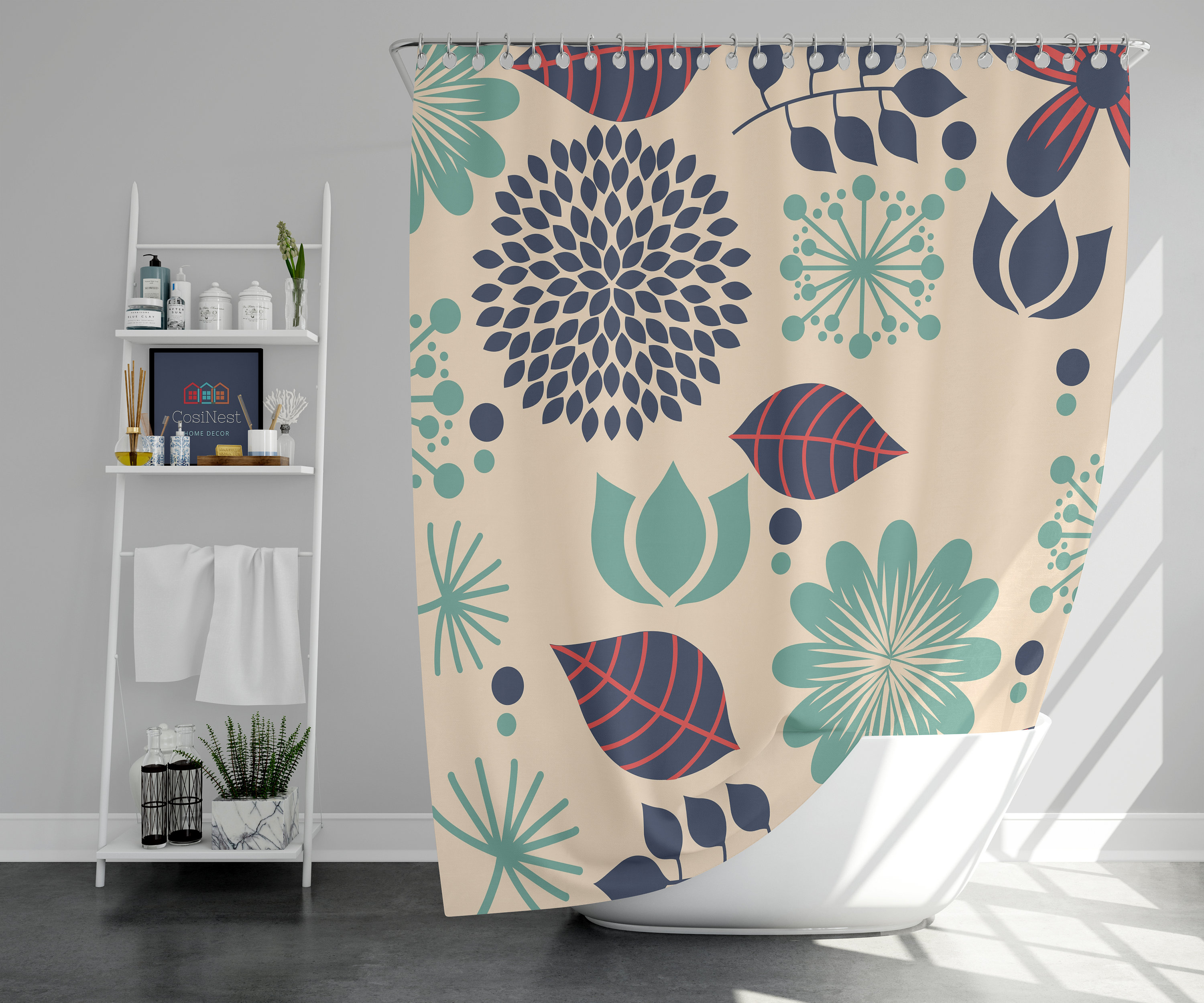 Blue Chrysanthemum Floral Shower Curtain | Summer Flowers Linen Bathroom Curtain Set | Vintage Print Bath Decor