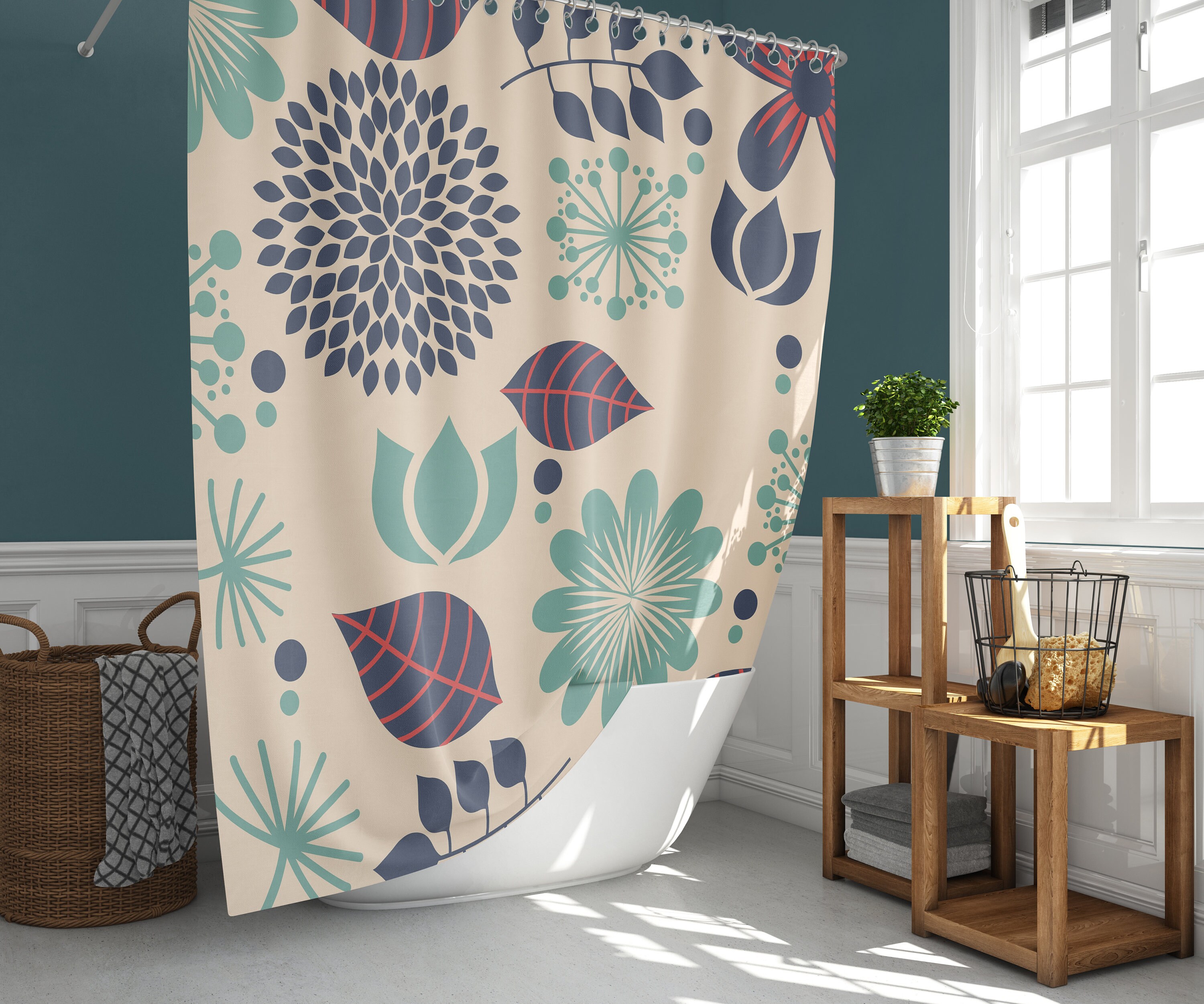 Blue Chrysanthemum Floral Shower Curtain | Summer Flowers Linen Bathroom Curtain Set | Vintage Print Bath Decor - Image 2