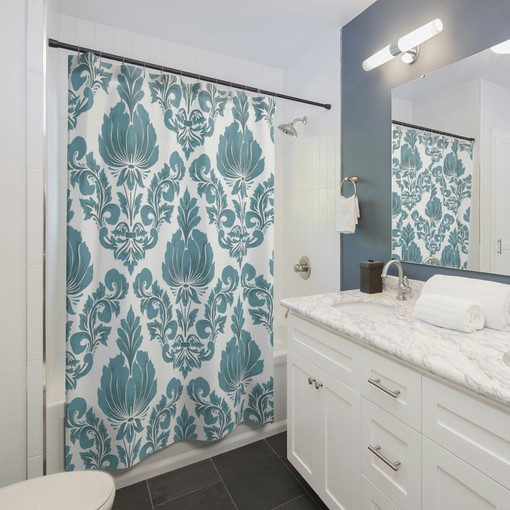 Blue Damask Print Shower Curtain with Personalized Touch