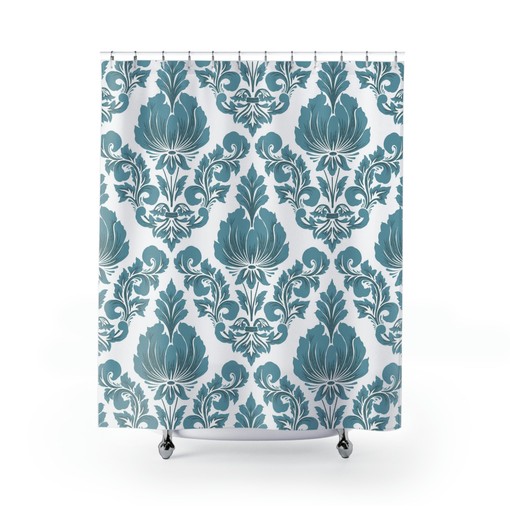 Blue Damask Print Shower Curtain with Personalized Touch - Image 2