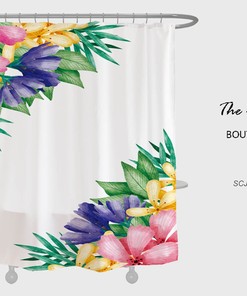 Blue Floral Shower Curtain, Customizable Size, Plant Bathroom Decor with Hooks