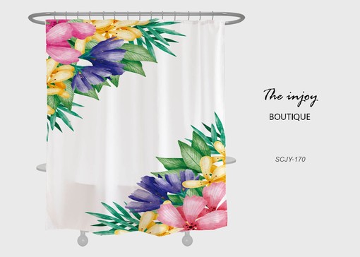 Blue Floral Shower Curtain, Customizable Size, Plant Bathroom Decor with Hooks