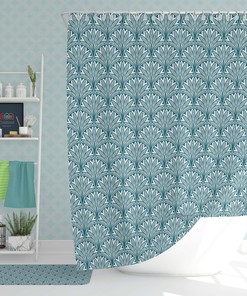 Blue Flower Geometry Shower Curtain, Customizable Size, Abstract Floral Print Fabric Bathroom Curtain
