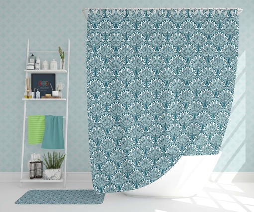 Blue Flower Geometry Shower Curtain, Customizable Size, Abstract Floral Print Fabric Bathroom Curtain