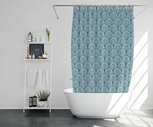 Blue Flower Geometry Shower Curtain, Customizable Size, Abstract Floral Print Fabric Bathroom Curtain - Image 2