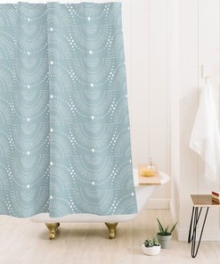 Blue Geometric Boho Shower Curtain, Vintage-Inspired Bathroom Decor, Fabric Bath Curtain