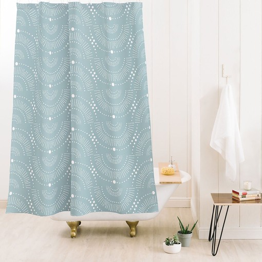 Blue Geometric Boho Shower Curtain, Vintage-Inspired Bathroom Decor, Fabric Bath Curtain