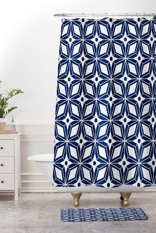 Blue Geometric Shower Curtain | Mid Century Modern Bath Decor | Vintage Bathroom