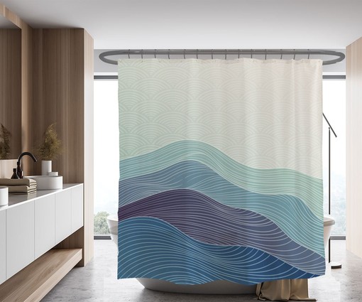 Blue Gradient Curve Art Disney Shower Curtain, Hill Mountain Curve Design with Thick Extra Long Dimensions - Image 2