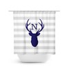 Blue Gray Boy Bathroom Decor with Hunting Lodge Monogram Shower Curtain featuring Deer Head Antler Bathtub Curtain