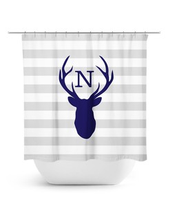 Blue Gray Boy Bathroom Decor with Hunting Lodge Monogram Shower Curtain featuring Deer Head Antler Bathtub Curtain