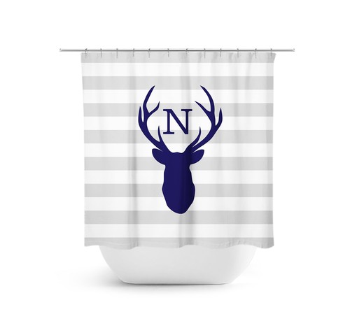 Blue Gray Boy Bathroom Decor with Hunting Lodge Monogram Shower Curtain featuring Deer Head Antler Bathtub Curtain