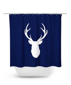 Blue Hunting Lodge Shower Curtain with Deer Head Antler Bathtub Curtain for a Woodland Bathroom - SHOWER86