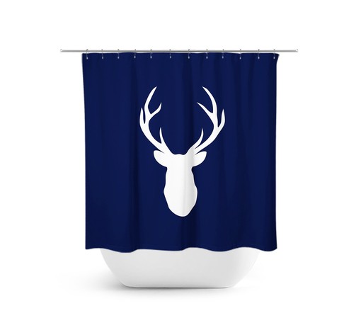 Blue Hunting Lodge Shower Curtain with Deer Head Antler Bathtub Curtain for a Woodland Bathroom - SHOWER86
