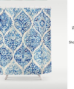 Blue Ink Moroccan Pattern Disney Luxury Shower Curtain, Extra Heavy Quality and Hooks Included
