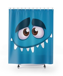 Blue Kids Monster Face Print Shower Curtain for Playful Bathroom Decor