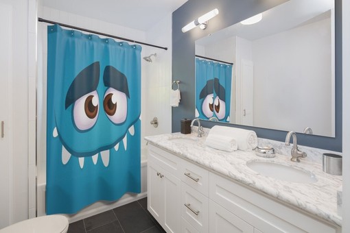 Blue Kids Monster Face Print Shower Curtain for Playful Bathroom Decor - Image 2