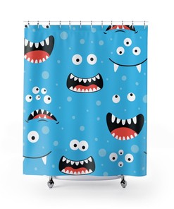 Blue Kids Monster Faces Playful Print Shower Curtain for Kids Bathroom Decor