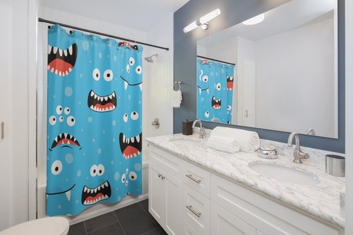 Blue Kids Monster Faces Playful Print Shower Curtain for Kids Bathroom Decor - Image 2