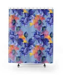 Blue Lotus Flowers Boho Shower Curtain / Romantic Fabric Bathroom Print / Floral Bath Curtain