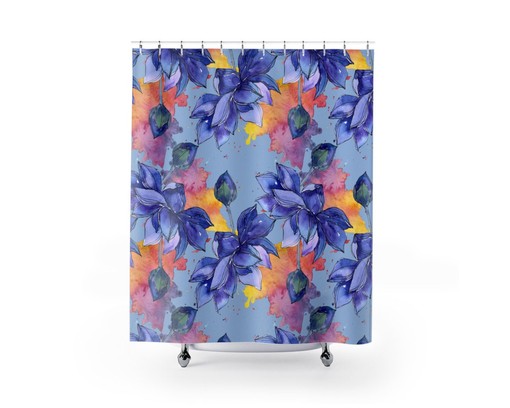 Blue Lotus Flowers Boho Shower Curtain / Romantic Fabric Bathroom Print / Floral Bath Curtain