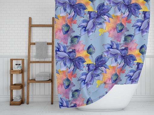 Blue Lotus Flowers Boho Shower Curtain / Romantic Fabric Bathroom Print / Floral Bath Curtain - Image 2