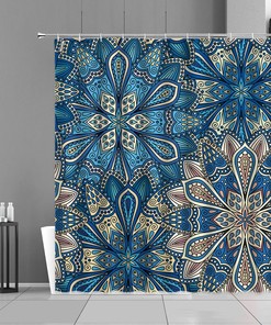 Blue Mandala Shower Curtain, Customizable Size, Geometric Floral Bathroom Decor