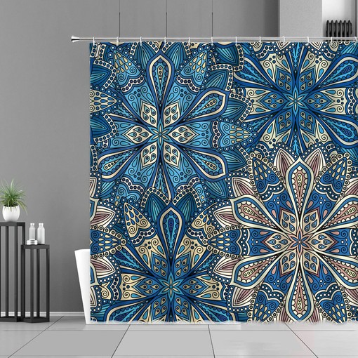 Blue Mandala Shower Curtain, Customizable Size, Geometric Floral Bathroom Decor