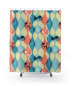 Blue Mid Century Atomic Cat Restroom Shower Curtain