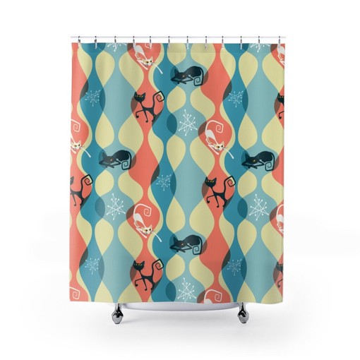 Blue Mid Century Atomic Cat Restroom Shower Curtain