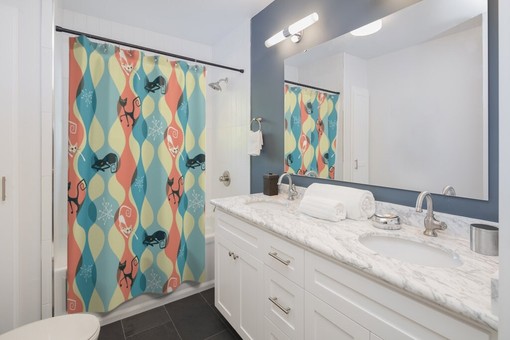 Blue Mid Century Atomic Cat Restroom Shower Curtain - Image 2