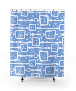 Blue Mid Century Modern Shower Curtain, Vintage Retro Apartment Bathroom Decor