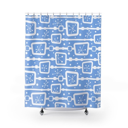 Blue Mid Century Modern Shower Curtain, Vintage Retro Apartment Bathroom Decor