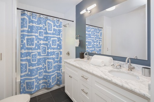 Blue Mid Century Modern Shower Curtain, Vintage Retro Apartment Bathroom Decor - Image 2